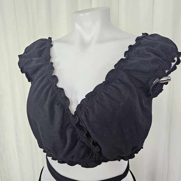 Garage Black Cotton Crop Wrap Top Tie Waist Baddie Vibes XL - Picture 3 of 9